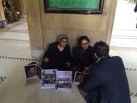 Laila Soueif (L) and Mona Seif (R) on hunger strike earlier this month, in a corridor of the Supreme Court building in Cairo