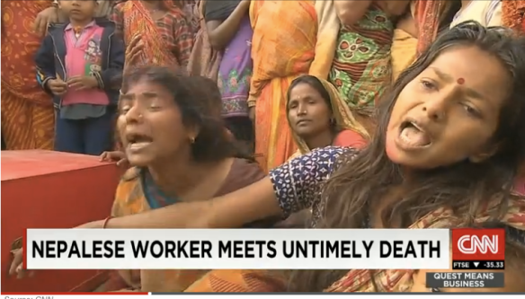 In a Nepali village, family members mourn over the coffin of a migrant worker returned from Qatar. On average, a Nepali migrant dies in Qatar every two days.  From http://edition.cnn.com/2015/03/09/asia/qatar-nepali-migrant-workers-deaths/